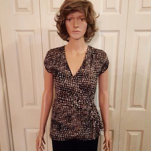Worthington Brown/Black Multi Animal Print Short Sleeve Faux Wrap Blouse  Size S